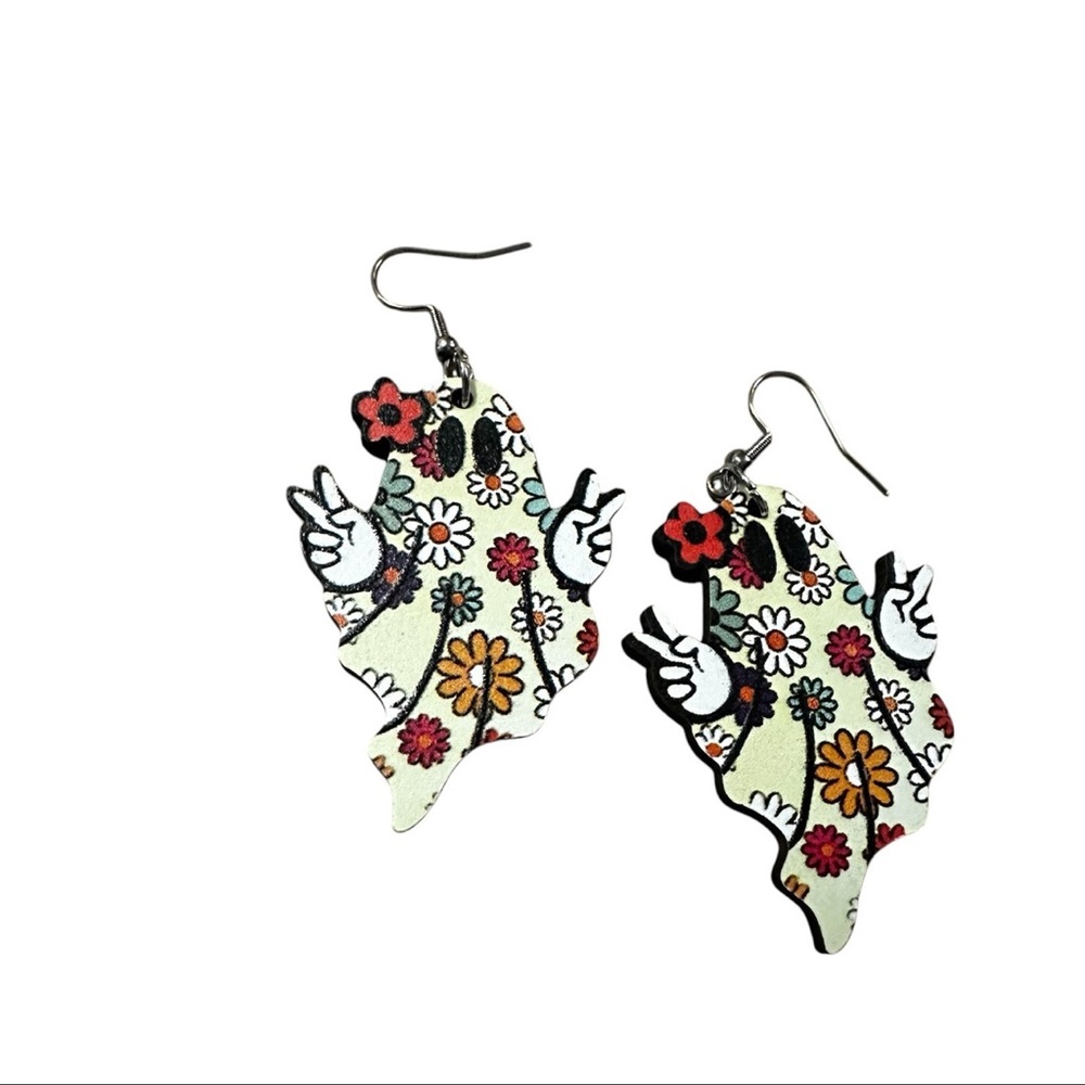 Floral Peace wooden ghost Earrings